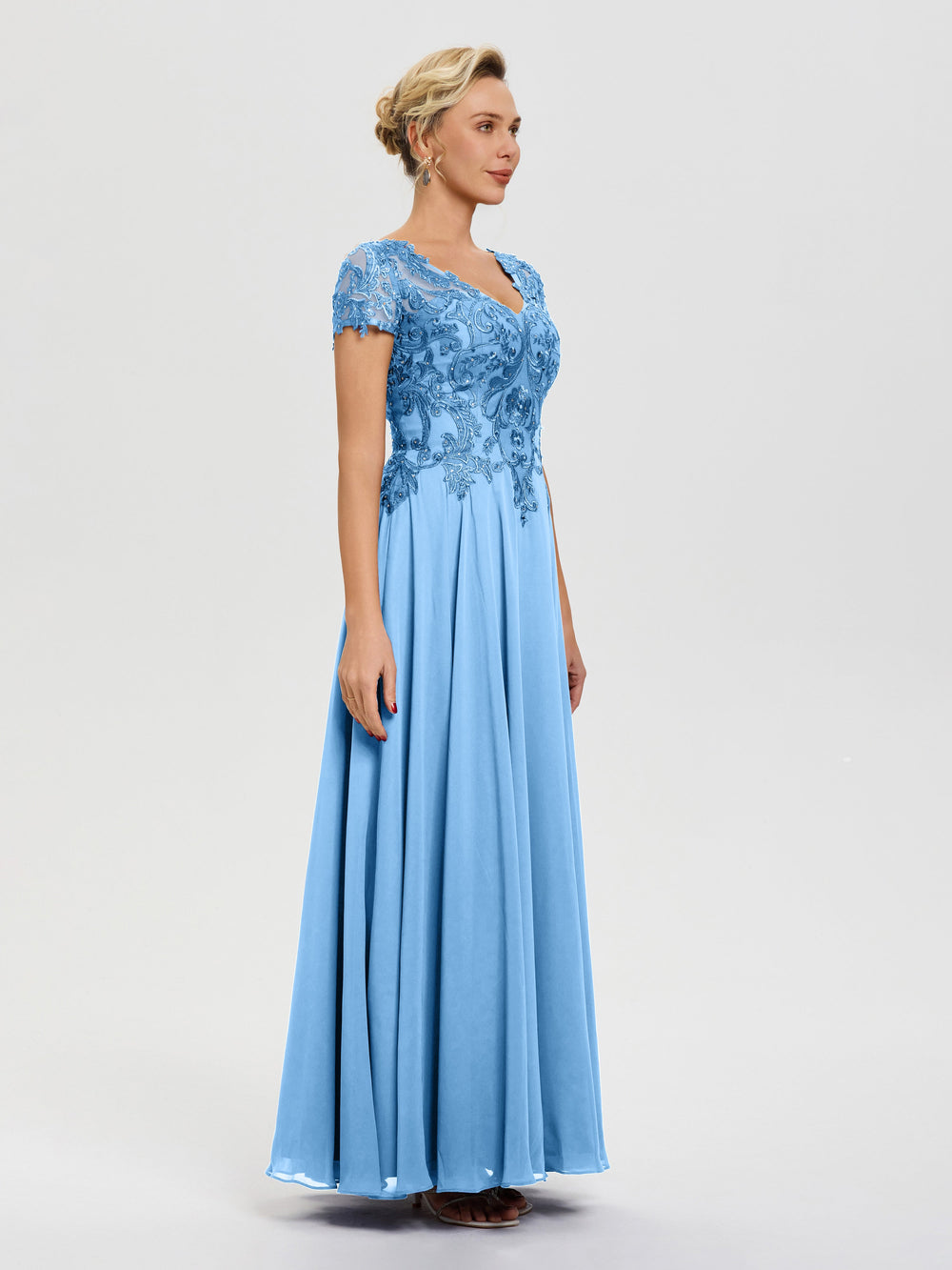 Mother Of The Bride Light Blue A-Line Lace Sleeves V-Neck Long Chiffon