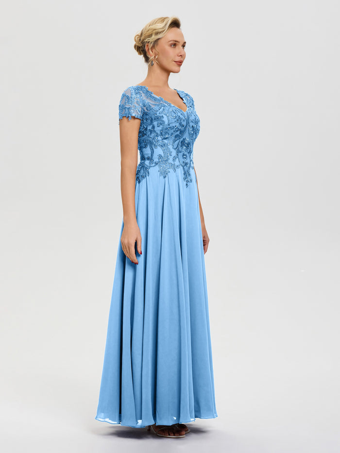Mother Of The Bride Light Blue A-Line Lace Sleeves V-Neck Long Chiffon
