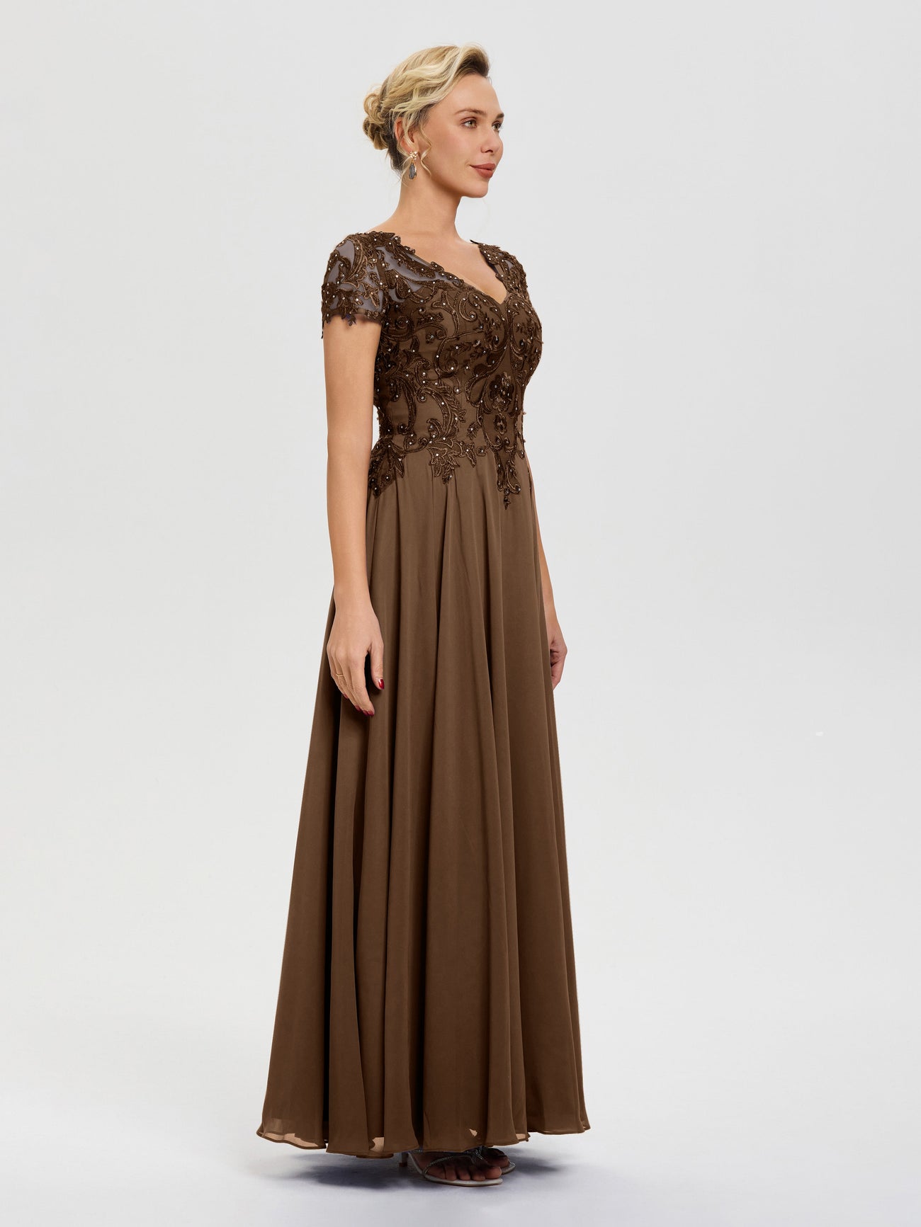 Mother Of The Bride Brown Dress A-Line Lace Sleeves V-Neck Long Chiffo