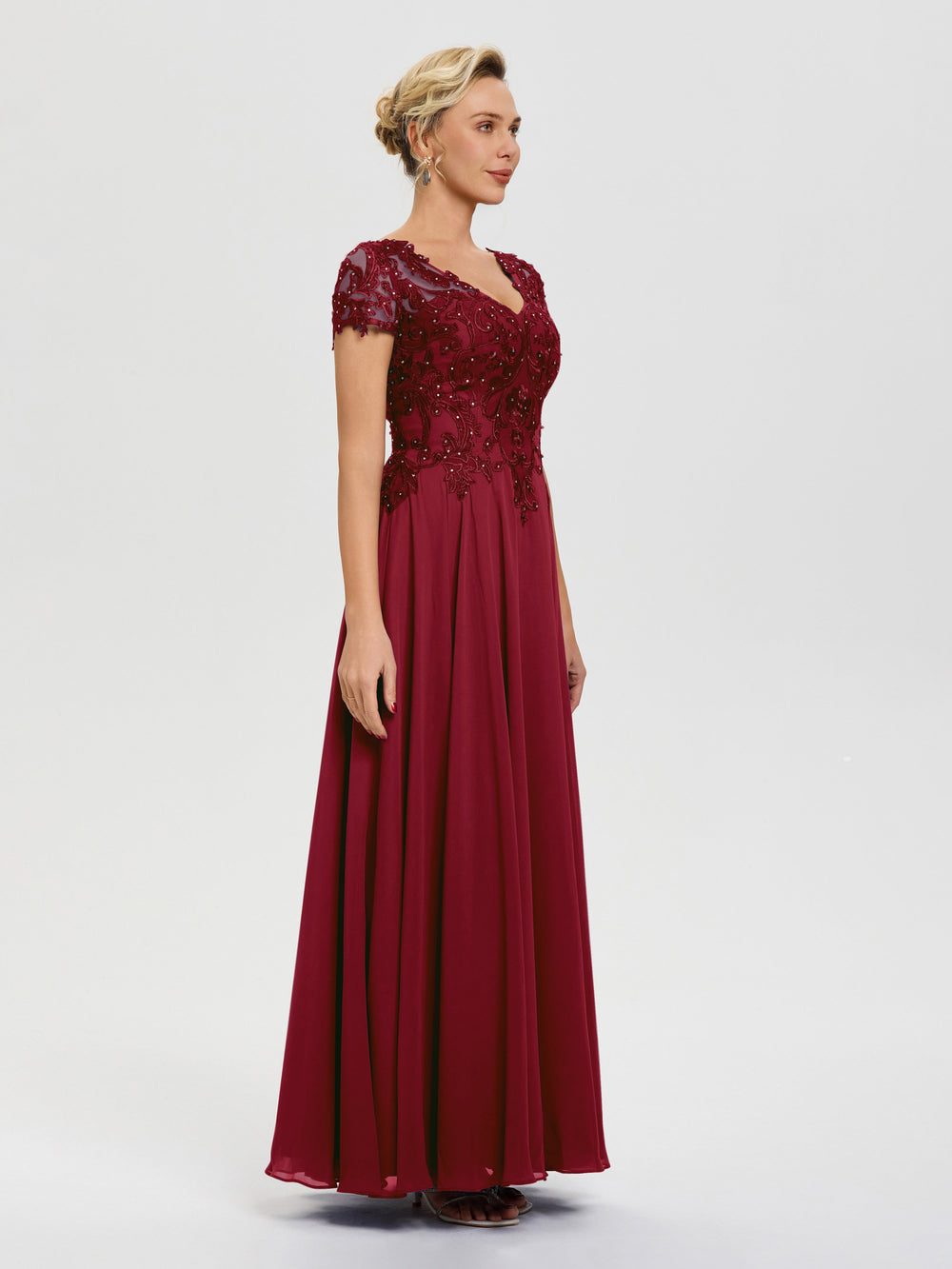 Burgundy Mother Of The Bride Dresses A-Line Lace Sleeves V-Neck Long C