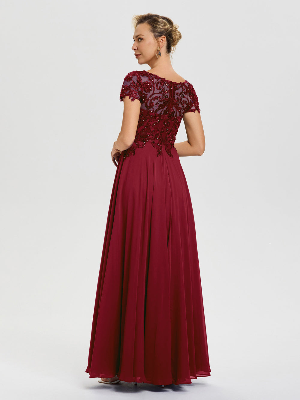 Burgundy Mother Of The Bride Dresses A-Line Lace Sleeves V-Neck Long C
