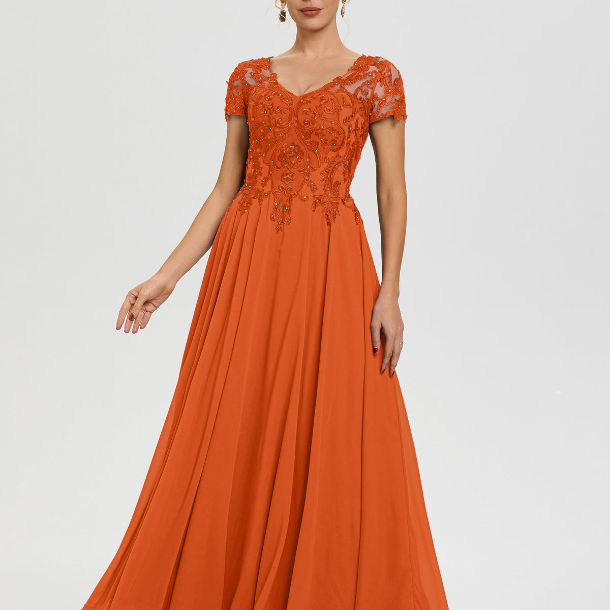 Mother Of The Bride Dresses Burnt Orange A-Line Lace Sleeves V-Neck Long Chiffon Mother Of The Bride Dress