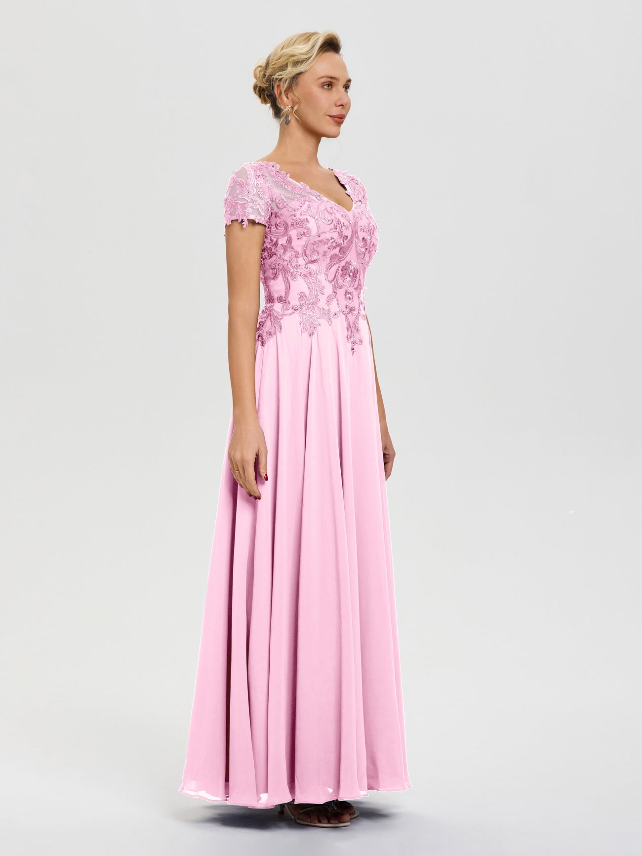 Candy Pink Mother Of The Bride Dresses A-Line Lace Sleeves V-Neck Long