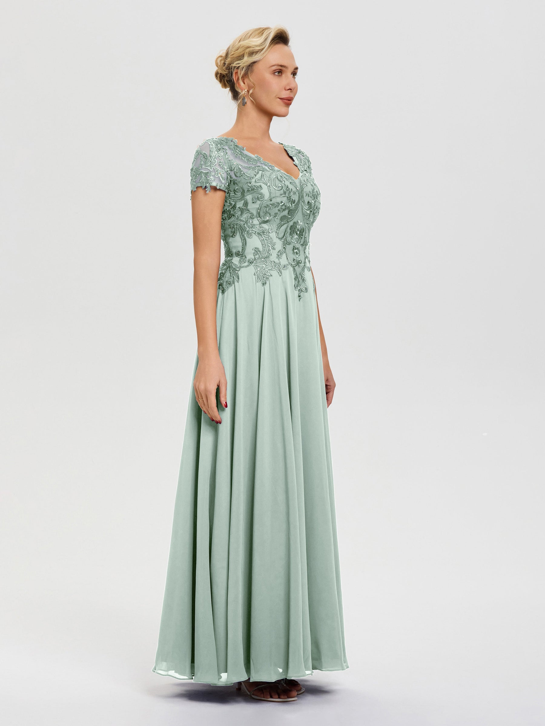 Cicinia Celadon Mother Of The Groom Dress Long Chiffon Sheath With Sequined Lace Applique Cape main image 0