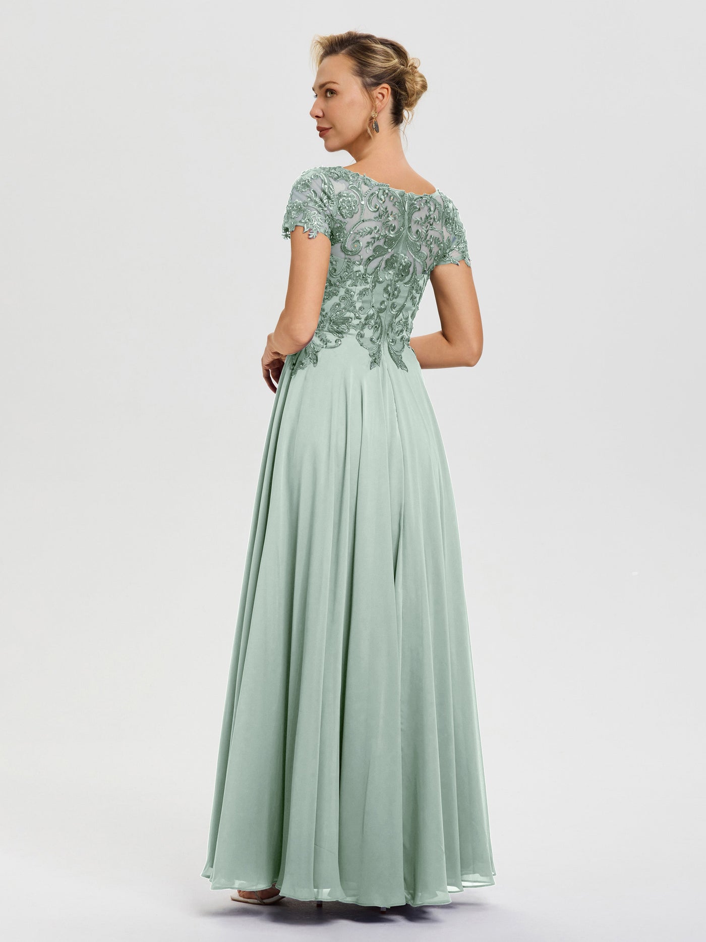 Cicinia Celadon Mother Of The Groom Dress Long Lace Chiffon A-line Tea Length Color Block Long Sleeves