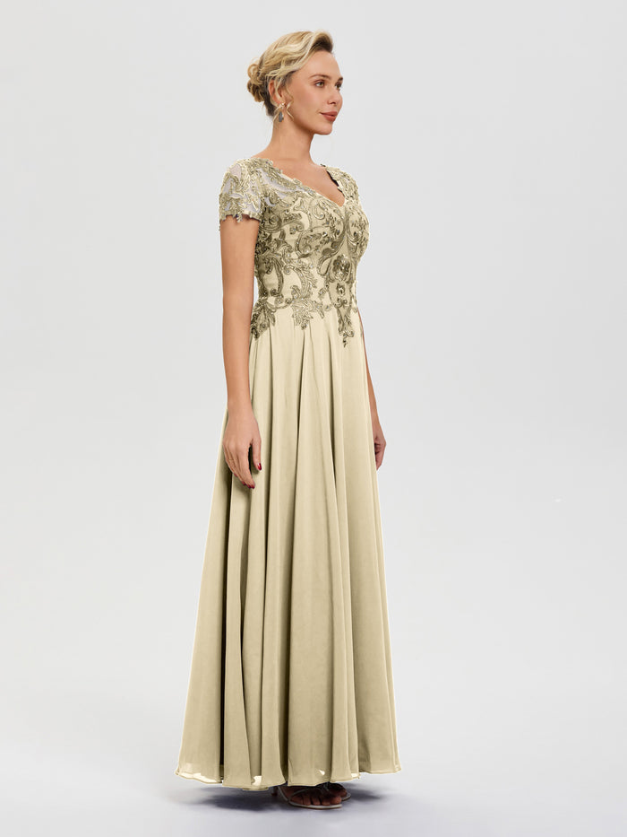 Mother Of The Bride Champagne Dresses A-Line Lace Sleeves V-Neck Long