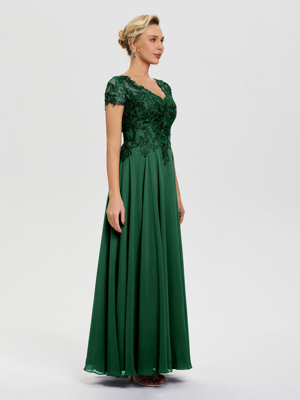 Dark Green Mother Of The Bride A-Line Lace Sleeves V-Neck Long Chiffon