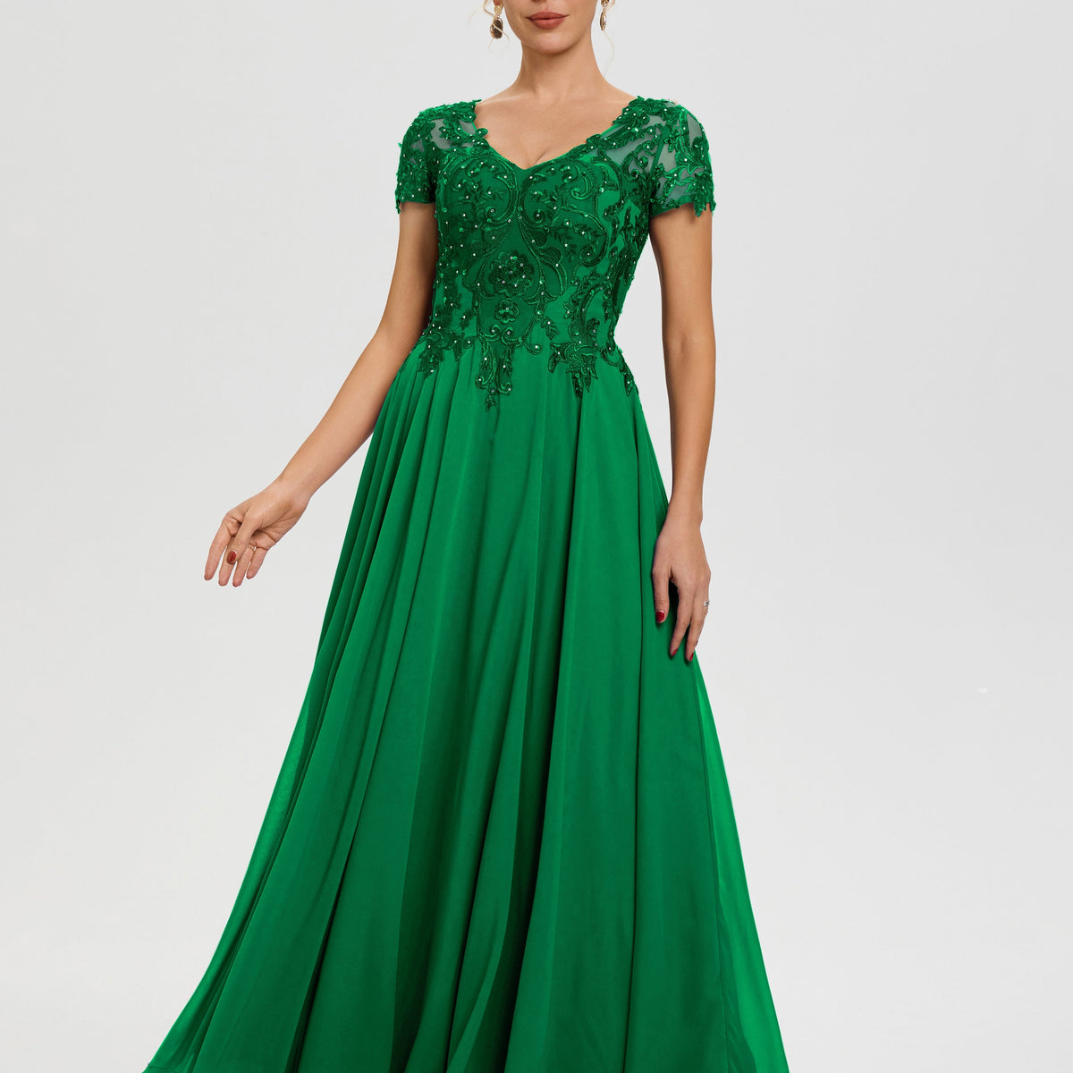 Mother Of The Bride Dress Emerald Green A-Line Lace Sleeves V-Neck Long Chiffon Mother Of The Bride Dress Mother Of The Bride Dress Emerald Green A-Line Lace Sleeves V-Neck Long Chiffon Mother Of The Bride Dress