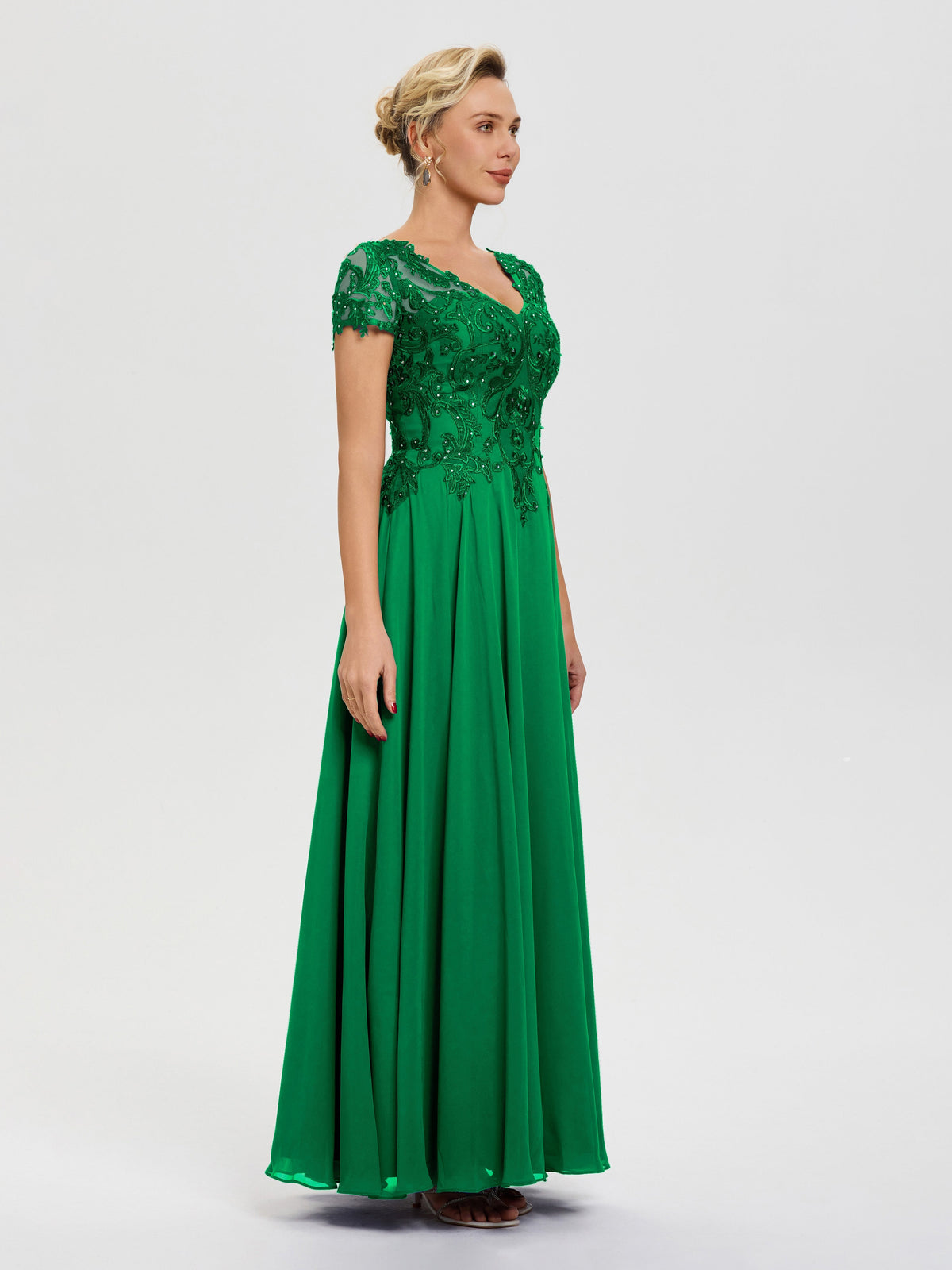 Mother Of The Bride Dress Emerald Green A-Line Lace Sleeves V-Neck Lon