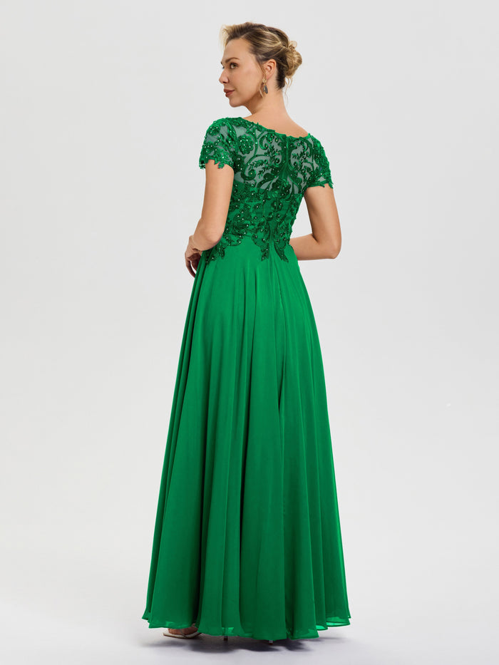 Mother Of The Bride Dress Emerald Green A-Line Lace Sleeves V-Neck Lon