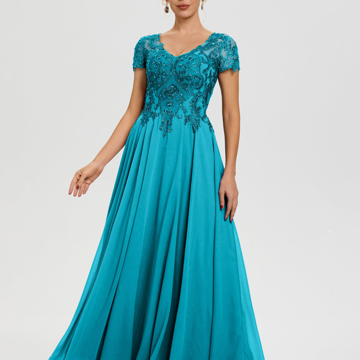 Jade Dresses For Mother Of Bride A-Line Lace Sleeves V-Neck Long Chiff
