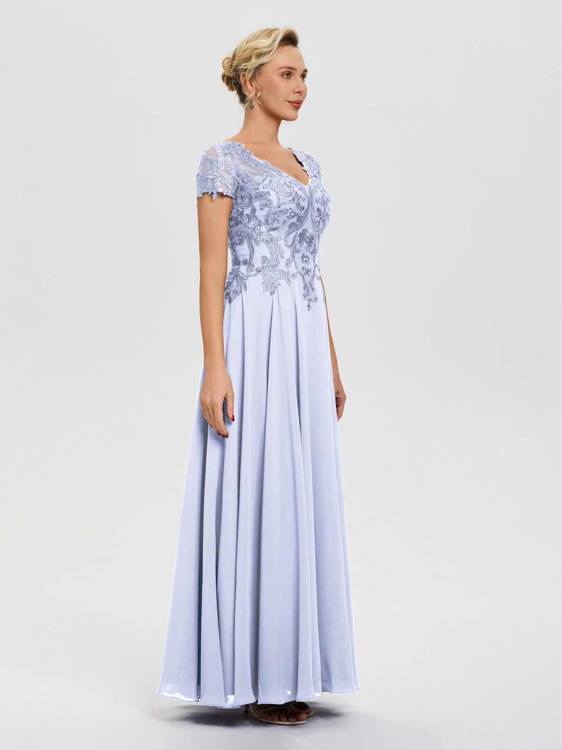 Lavender Mother Of Bride Dresses A-Line Lace Sleeves V-Neck Long Chiff