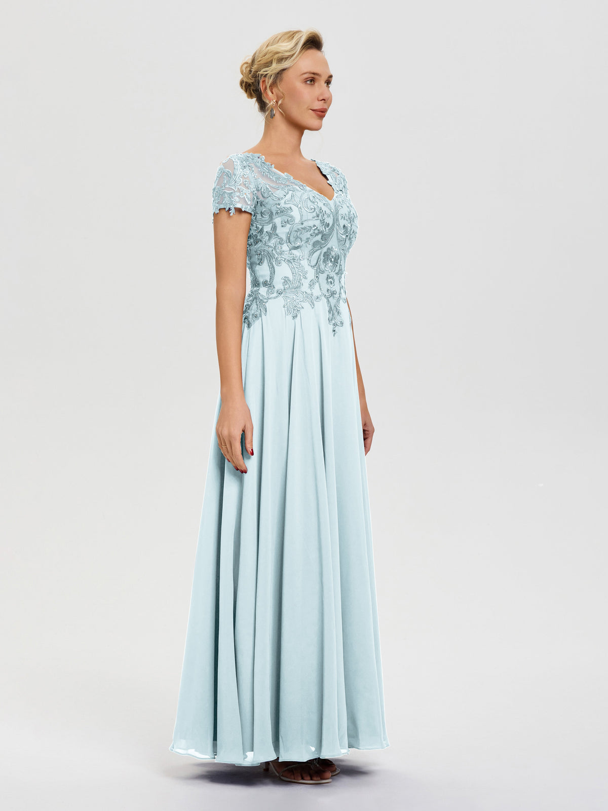 Mist Mother Of Bride Dress A-Line Lace Sleeves V-Neck Long Chiffon Mot