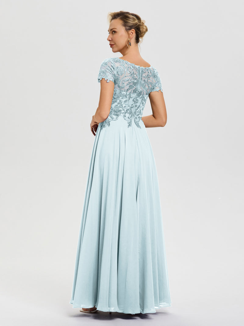 Mother Of The Bride Dresses In Mint Green A-Line Lace Sleeves V-Neck Long Chiffon Mother Of The Bride Dress