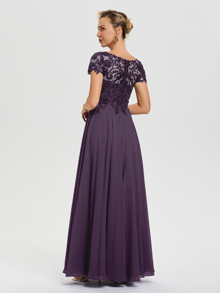 Plum Colored Mother Of The Bride Dress A-Line Lace Sleeves V-Neck Long