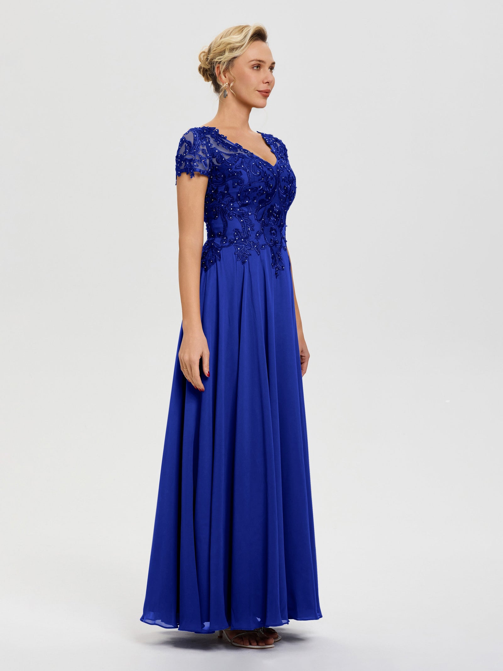 Mother Of The Bride Dresses Royal Blue A-Line Lace Sleeves V-Neck Long