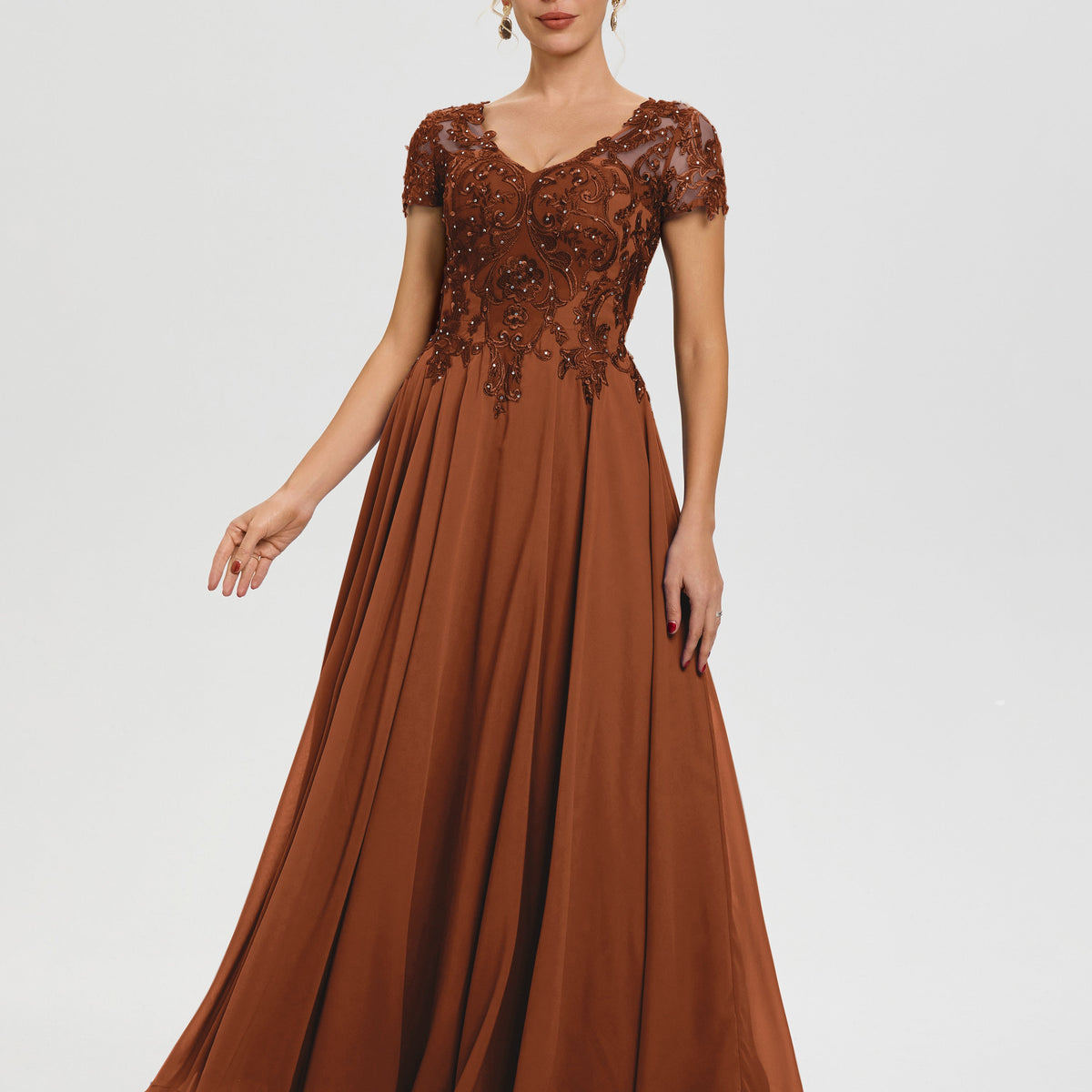 Mother Of The Bride Dresses Terracotta A-Line Lace Sleeves V-Neck Long Chiffon Mother Of The Bride Dress
