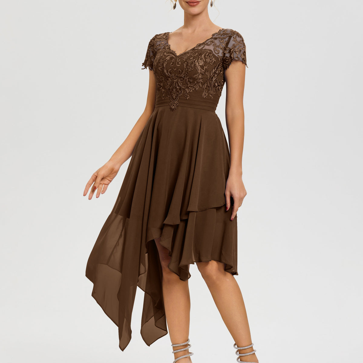 Mother Of The Bride Dresses Brown Asymmetrical Sleeves A-Line V-Neck Lace  Knee Length Chiffon Mother Of The Bride Dress