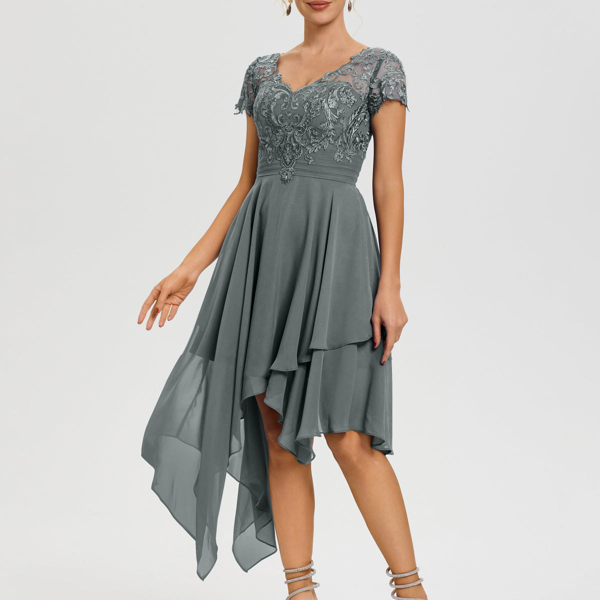 Steel Grey Mother Of The Bride Dress Asymmetrical Sleeves A-Line V-Nec