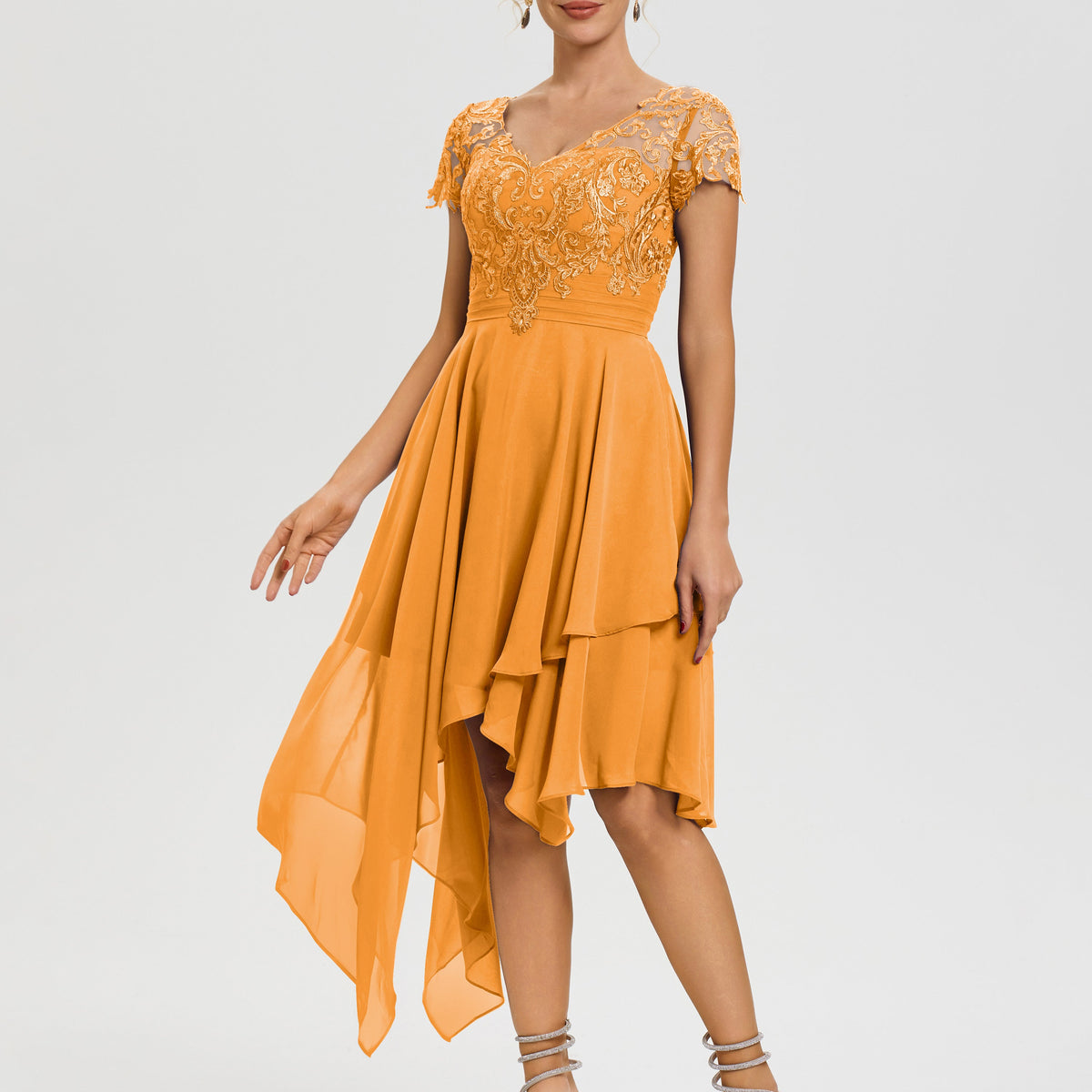 Tangerine Tea Length Mother Of The Bride Dresses Asymmetrical Sleeves