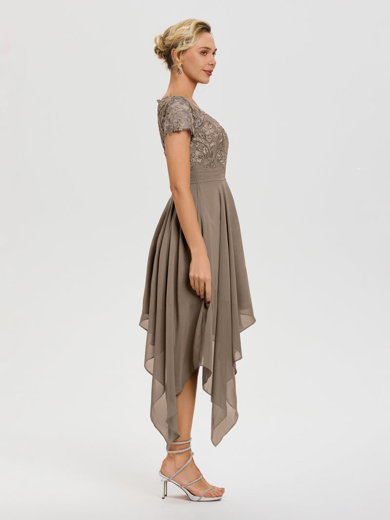 Mother Of The Bride Dresses In Emerald Green Asymmetrical Sleeves A-Line V-Neck Lace Knee Length Chiffon Mother Of The Bride Dress