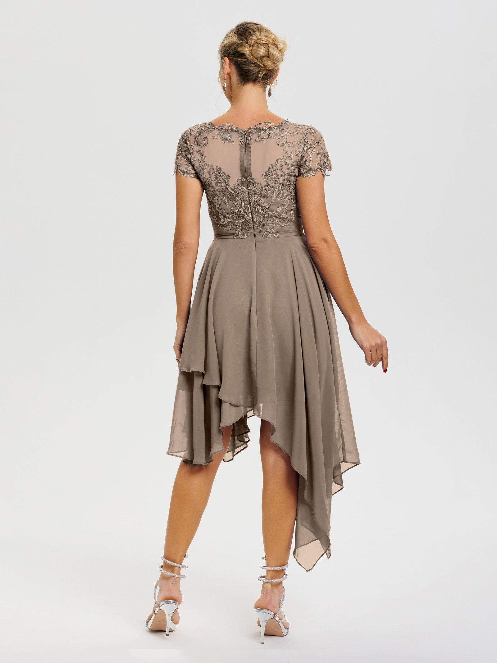 Knee Length Coral Mother Of The Bride Dresses Asymmetrical Sleeves A-Line V-Neck Lace Knee Length Chiffon Mother Of The Bride Dress