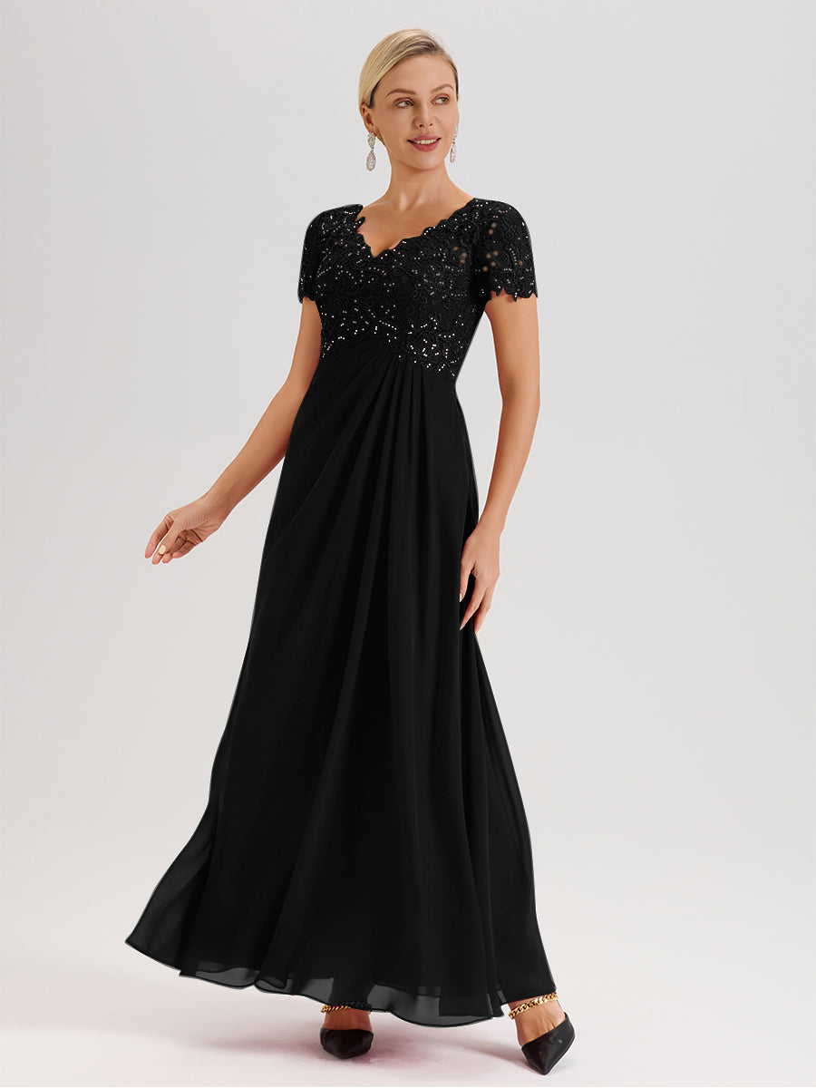 Cicinia Black Mother Of The Bride Dress Long Chiffon Lace A-line Short Sleeves
