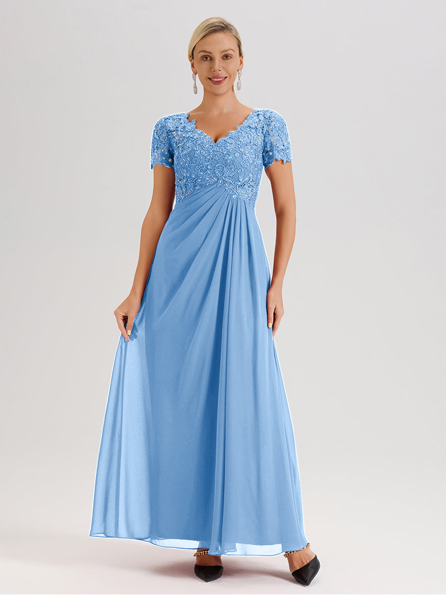 Cicinia Blue Mother Of The Bride Dress Long Chiffon Lace A-line Short