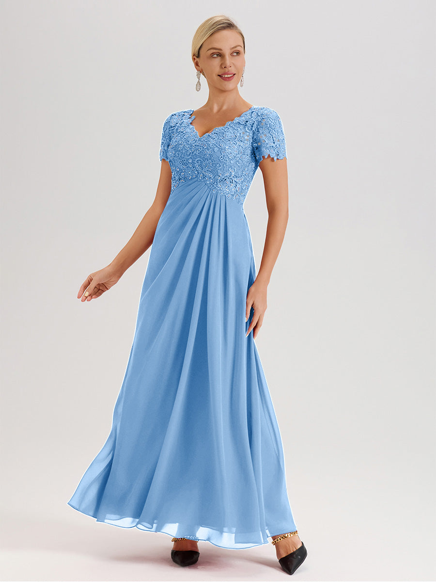 Cicinia Blue Mother Of The Bride Dress Long Chiffon Lace A-line Short Sleeves