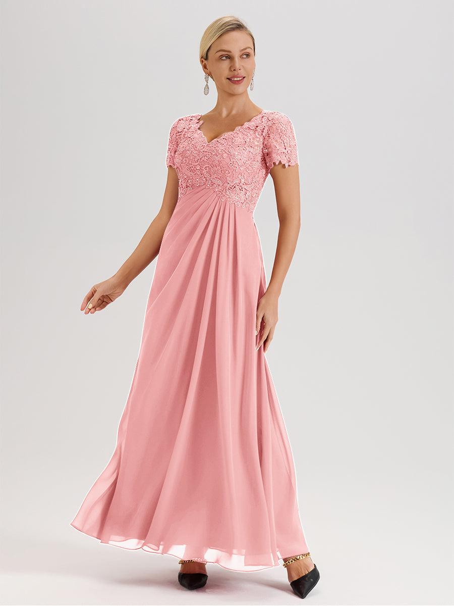 Cicinia Blush Mother Of The Bride Dress Long Chiffon Lace A-line Short Sleeves