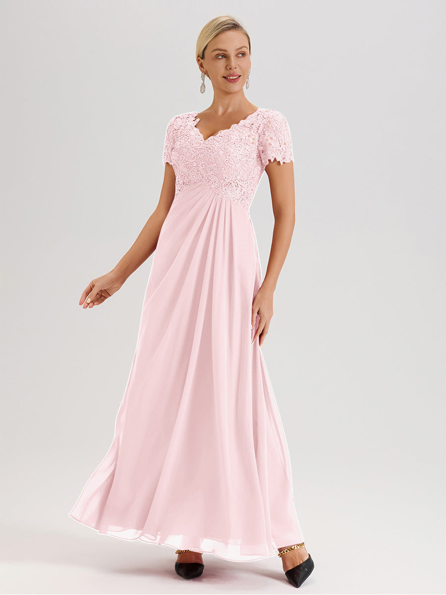 Cicinia Blushing Pink Mother Of The Bride Dress Long Chiffon Lace A-line Short Sleeves