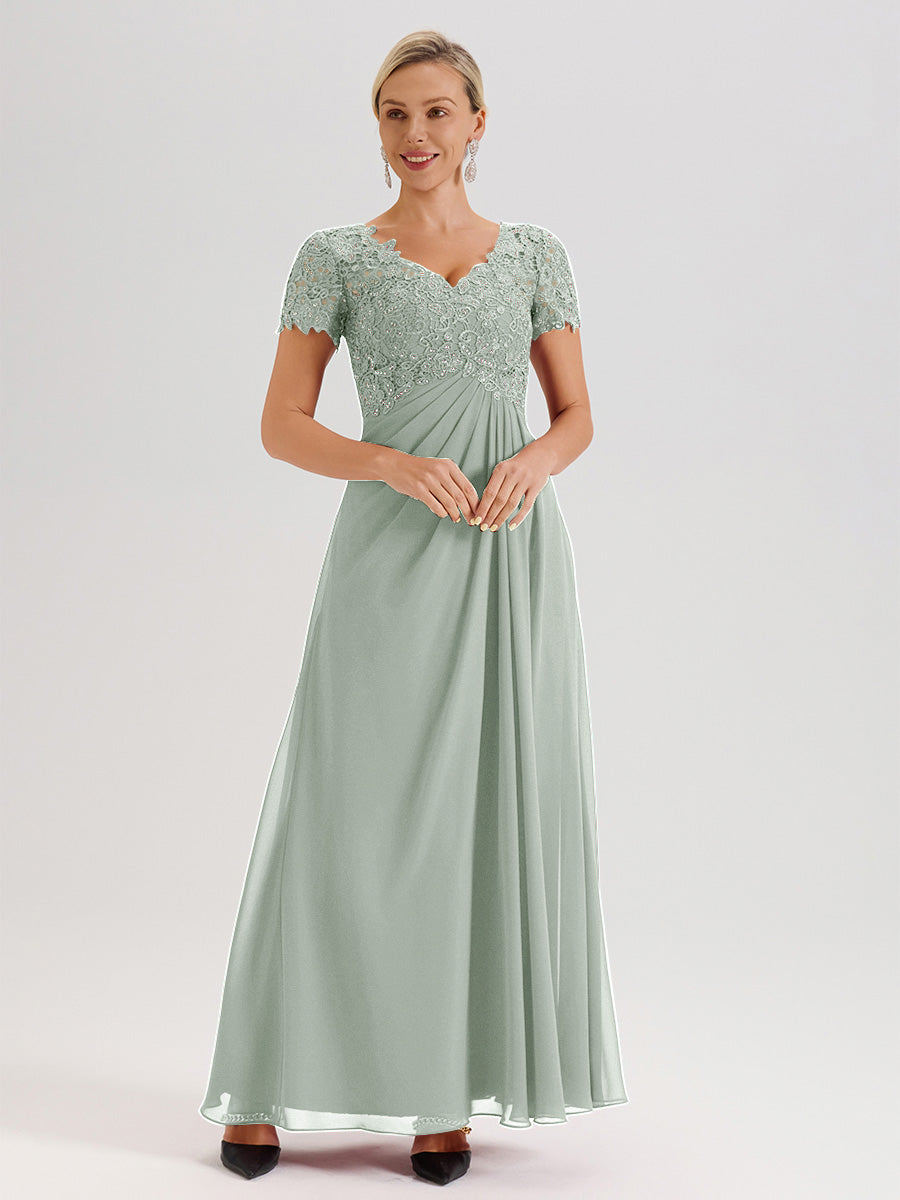 Cicinia Celadon Mother Of The Bride Dress Long Chiffon Lace A-line Short Sleeves