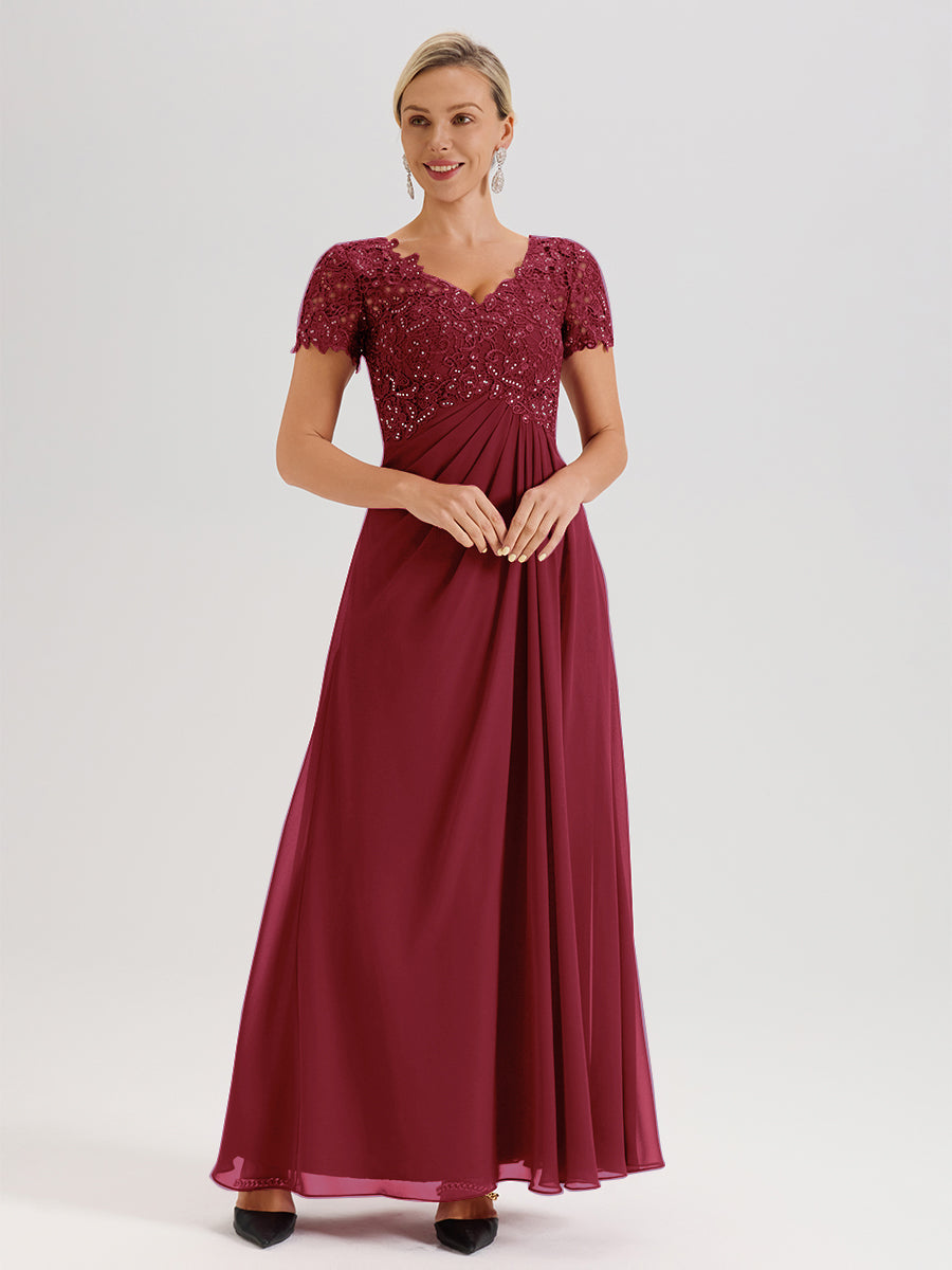 Cicinia Cinnamon Rose Mother Of The Bride Dress Long Chiffon Lace A-line Short Sleeves