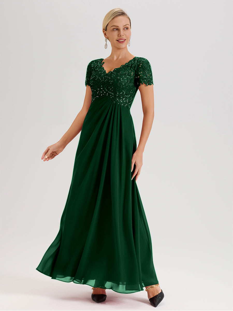 Cicinia Dark Green Mother Of The Bride Dress Long Chiffon Lace A-line Short Sleeves