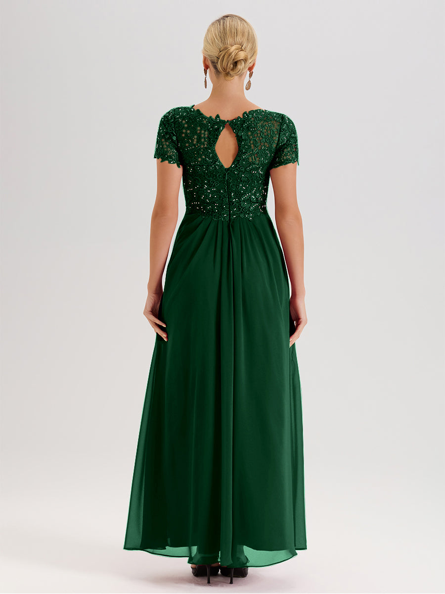 Cicinia Dark Green Mother Of The Bride Dress Long Chiffon Lace A-line Short Sleeves