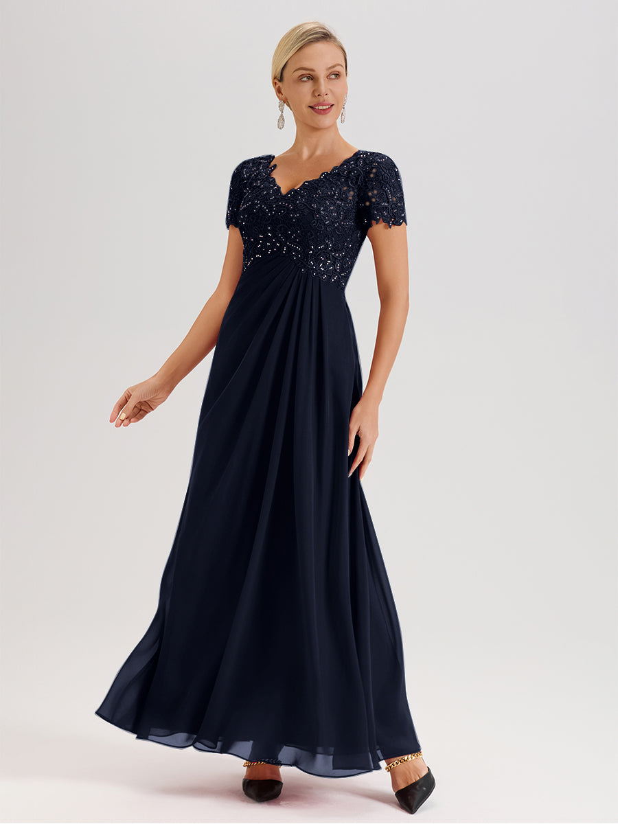 Cicinia Dark Navy Mother Of The Bride Dress Long Chiffon Lace A-line Short Sleeves