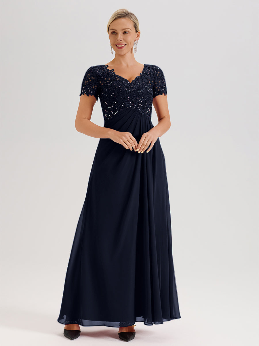Cicinia Dark Navy Mother Of The Bride Dress Long Chiffon Lace A-line Short Sleeves