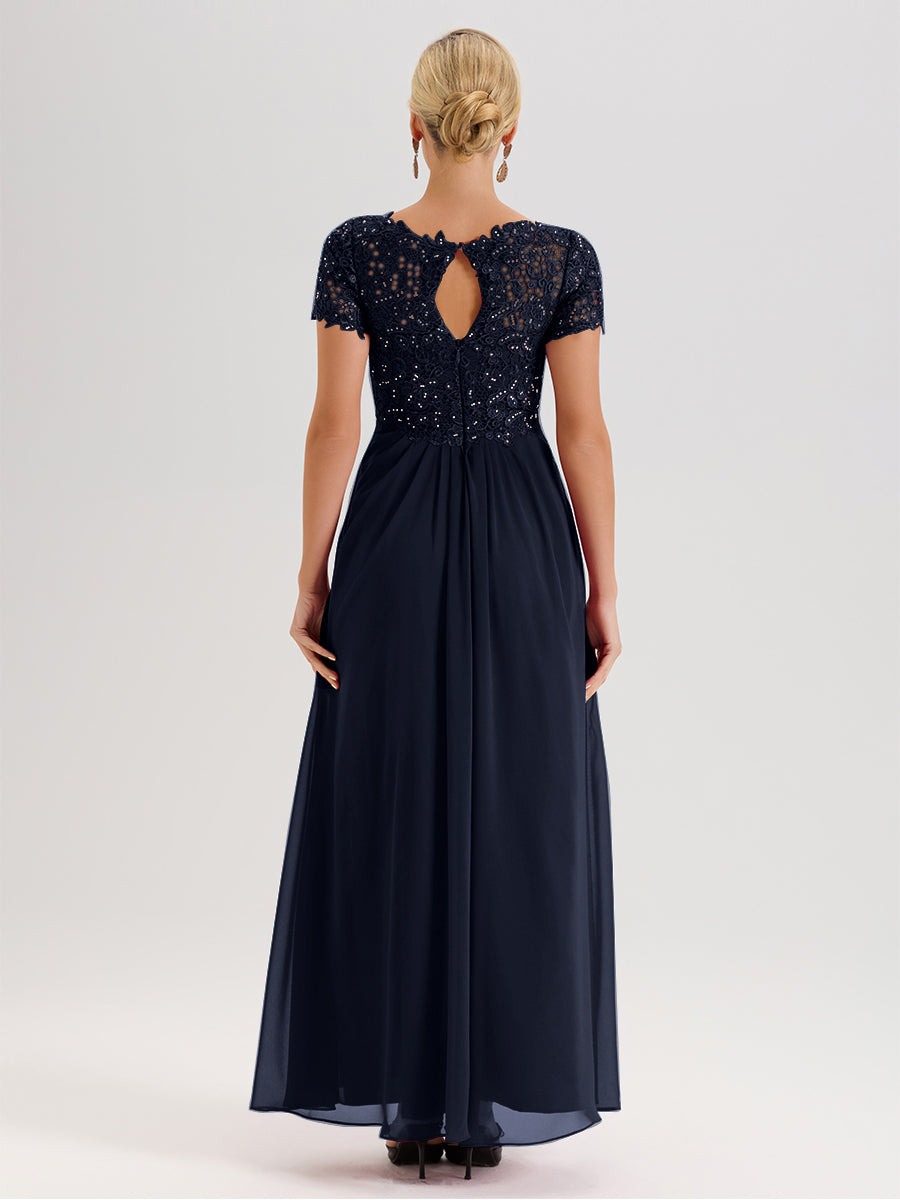 Cicinia Dark Navy Mother Of The Bride Dress Long Chiffon Lace A-line Short Sleeves