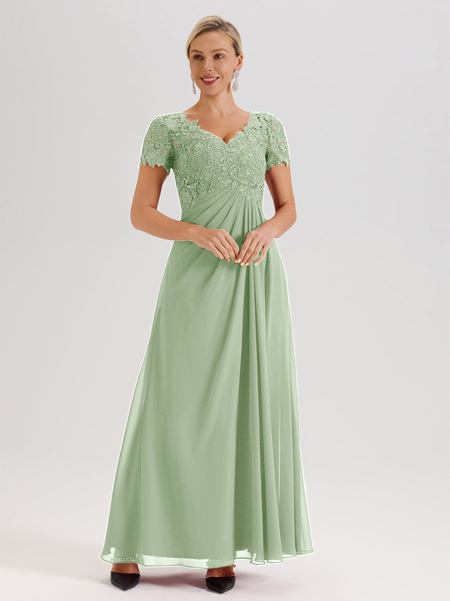 Cicinia Dusty Sage Mother Of The Bride Dress Long Chiffon Lace A-line Short Sleeves