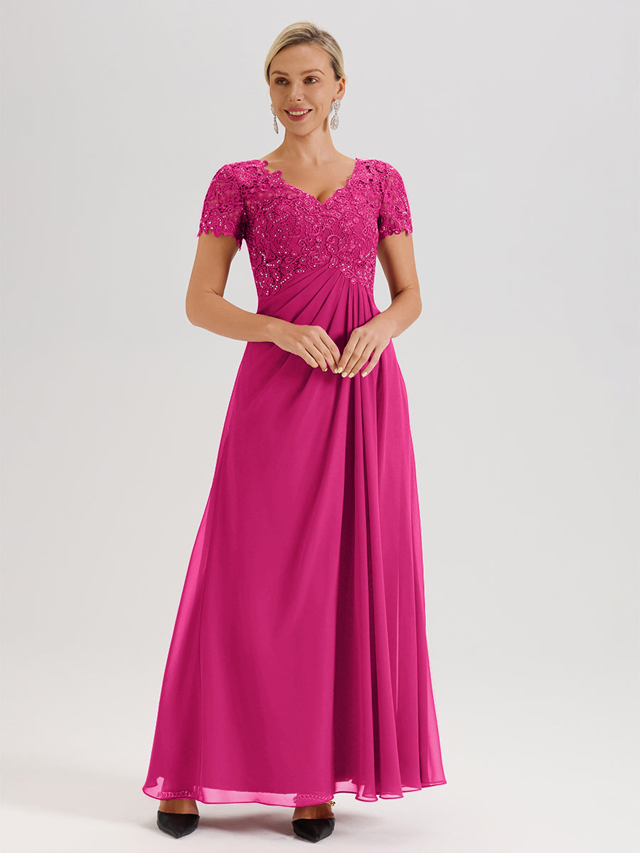 Cicinia Fuchsia Mother Of The Bride Dress Long Chiffon Lace A-line Short Sleeves