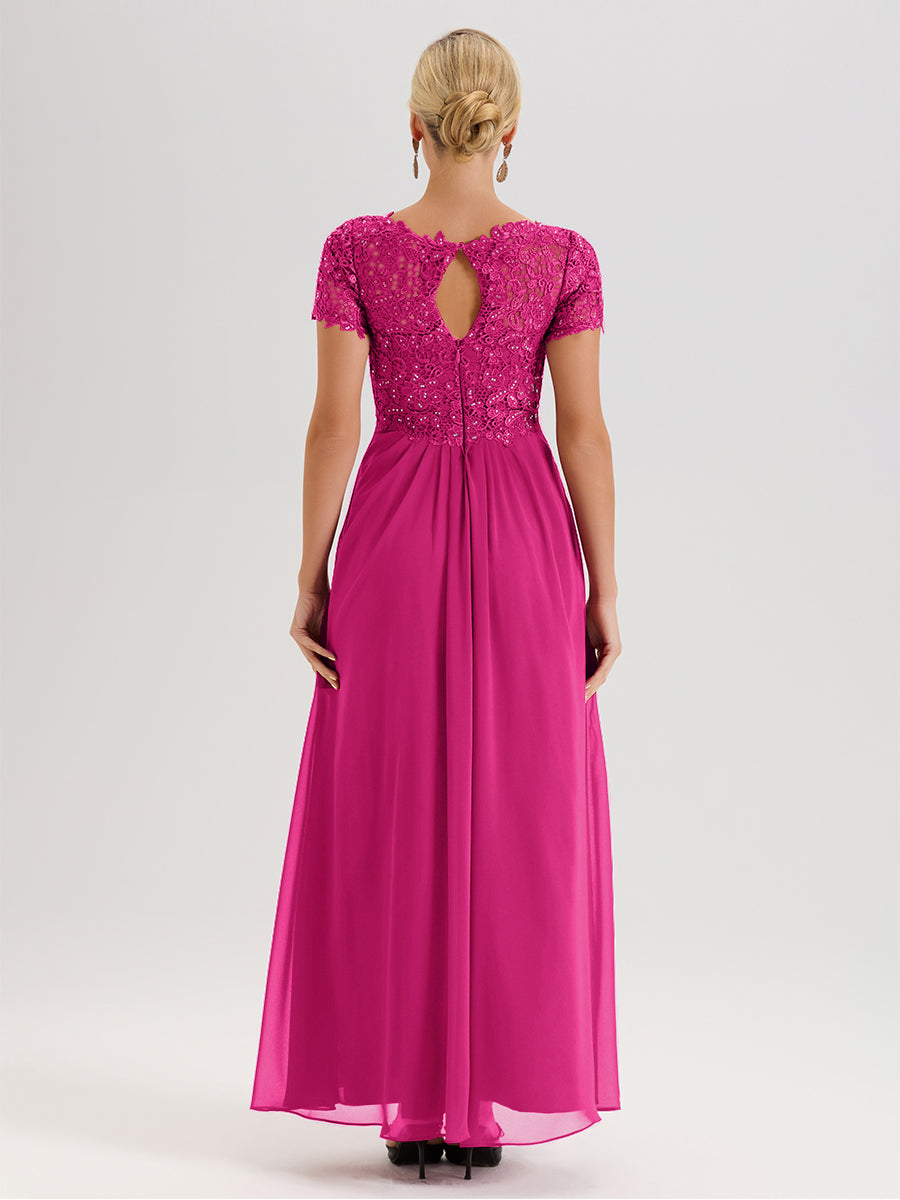 Cicinia Fuchsia Mother Of The Bride Dress Long Chiffon Lace A-line Short Sleeves