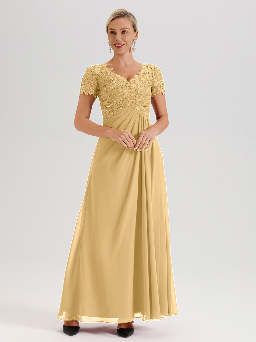Cicinia Gold Mother Of The Bride Dress Long Chiffon Lace A-line Short Sleeves