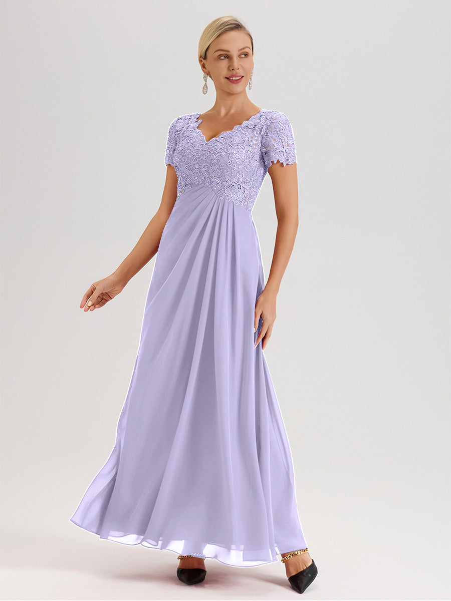 Cicinia Lilac Mother Of The Bride Dress Long Chiffon Lace A-line Short Sleeves
