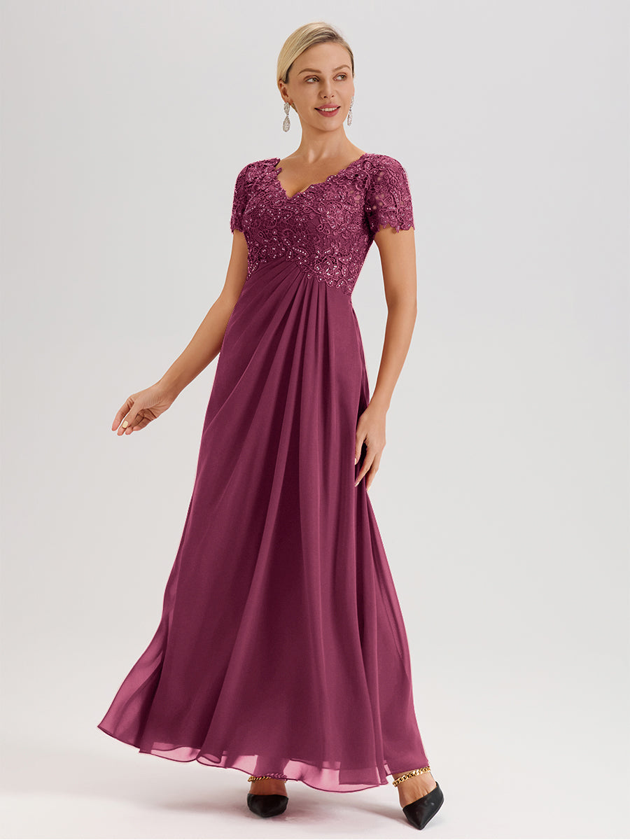 Cicinia Mulberry Mother Of The Bride Dress Long Chiffon Lace A-line Short Sleeves