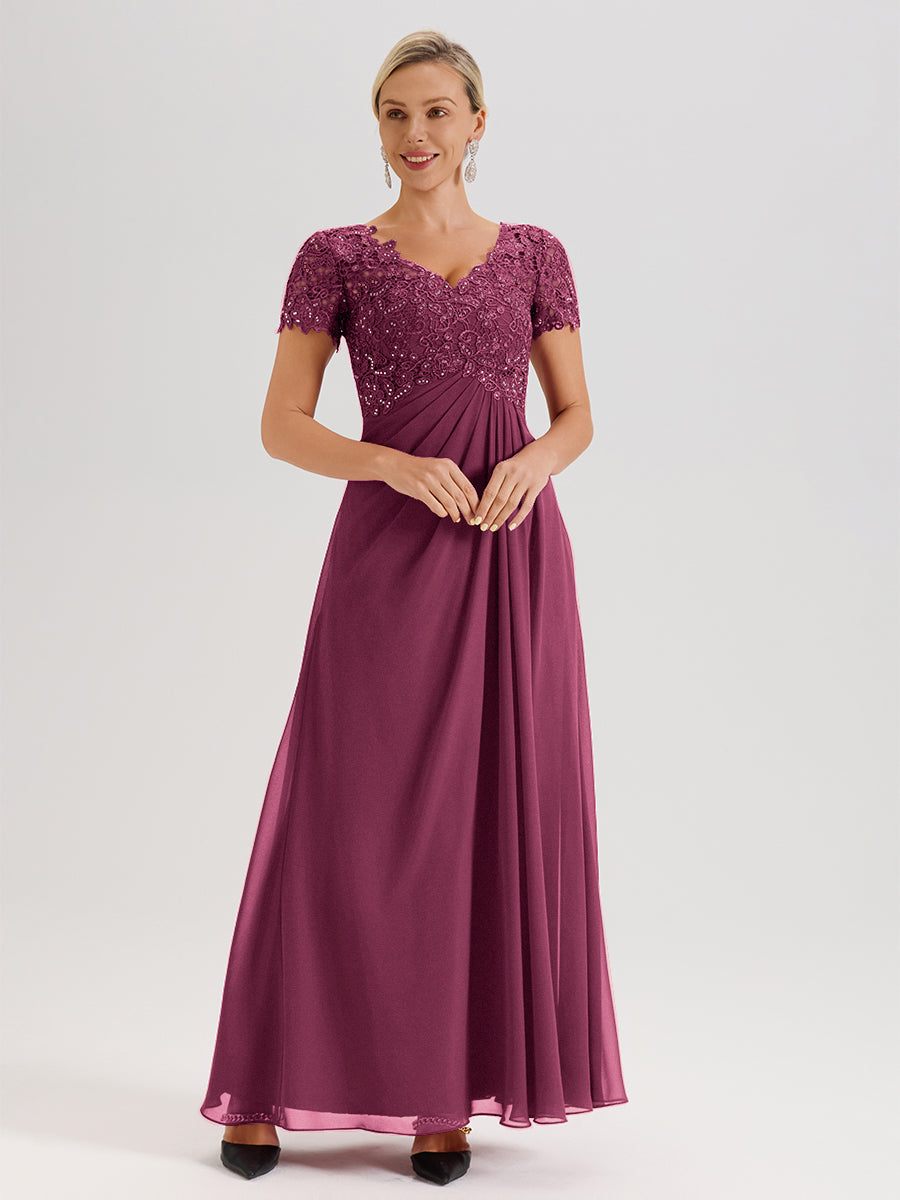 Cicinia Mulberry Mother Of The Bride Dress Long Chiffon Lace A-line Short Sleeves