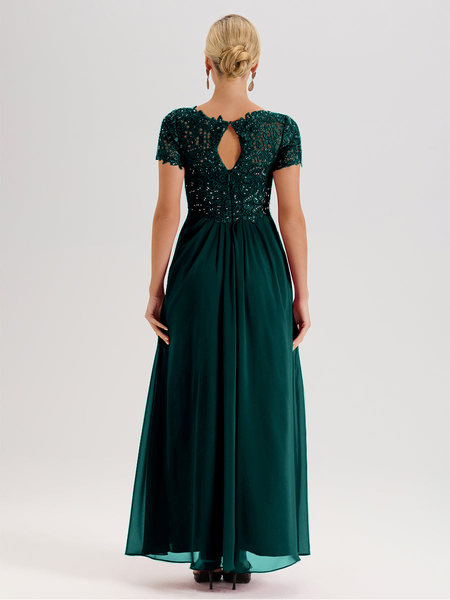 Cicinia Peacock Mother Of The Bride Dress Long Chiffon Lace A-line Short Sleeves