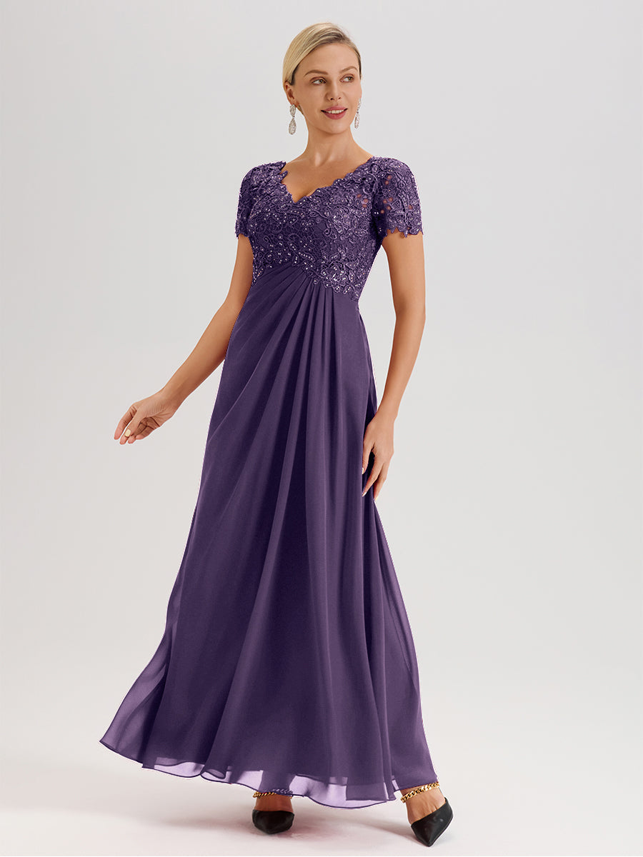 Cicinia Plum Mother Of The Bride Dress Long Chiffon Lace A-line Short Sleeves