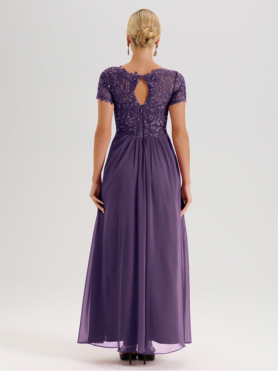 Cicinia Plum Mother Of The Bride Dress Long Chiffon Lace A-line Short Sleeves
