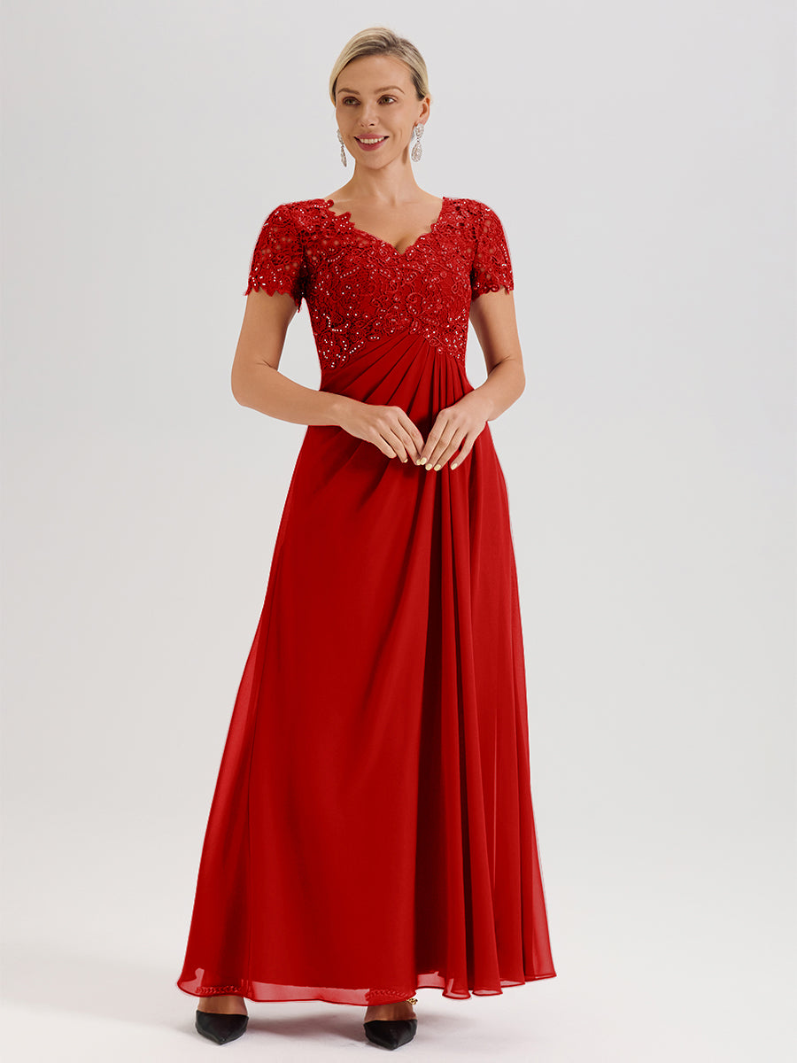 Cicinia Red Mother Of The Bride Dress Long Chiffon Lace A-line Short Sleeves