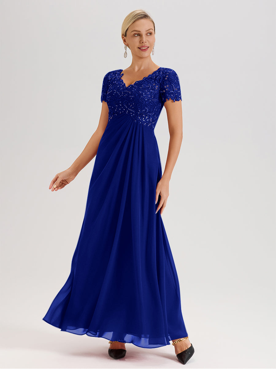 Cicinia Royal Blue Mother Of The Bride Dress Long Chiffon Lace A-line Short Sleeves